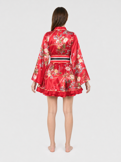 Kimono with Belt and Short Skirt, Floral Print