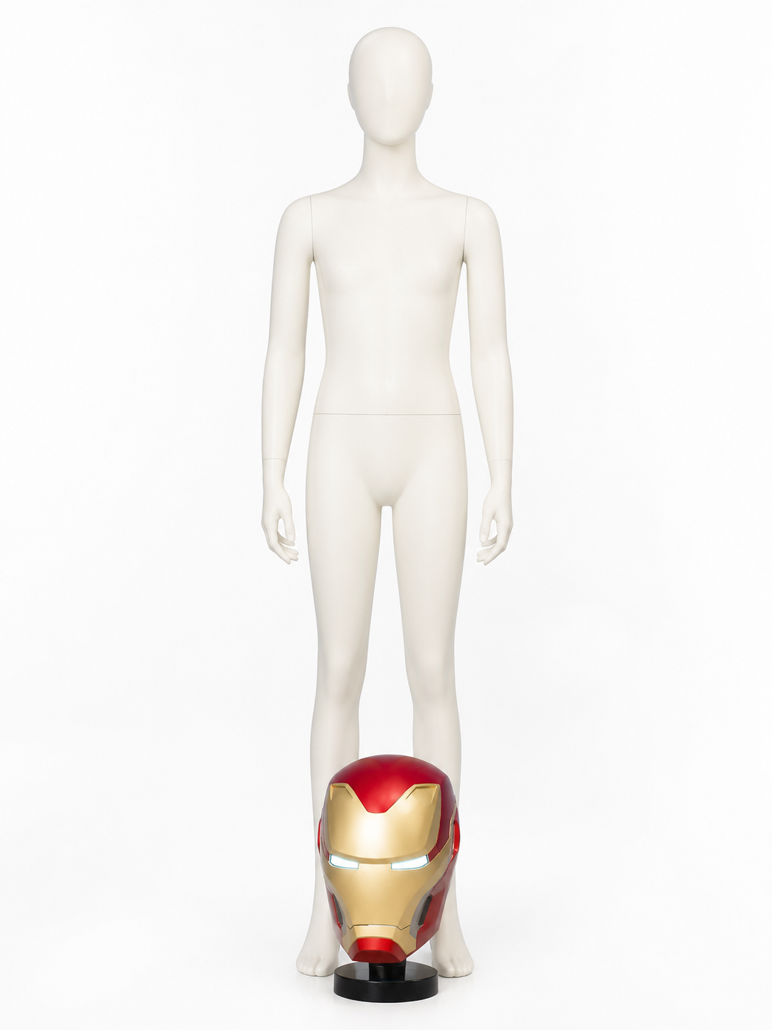 Red and Gold Cosplay Mask with LED Lights and Stand back view