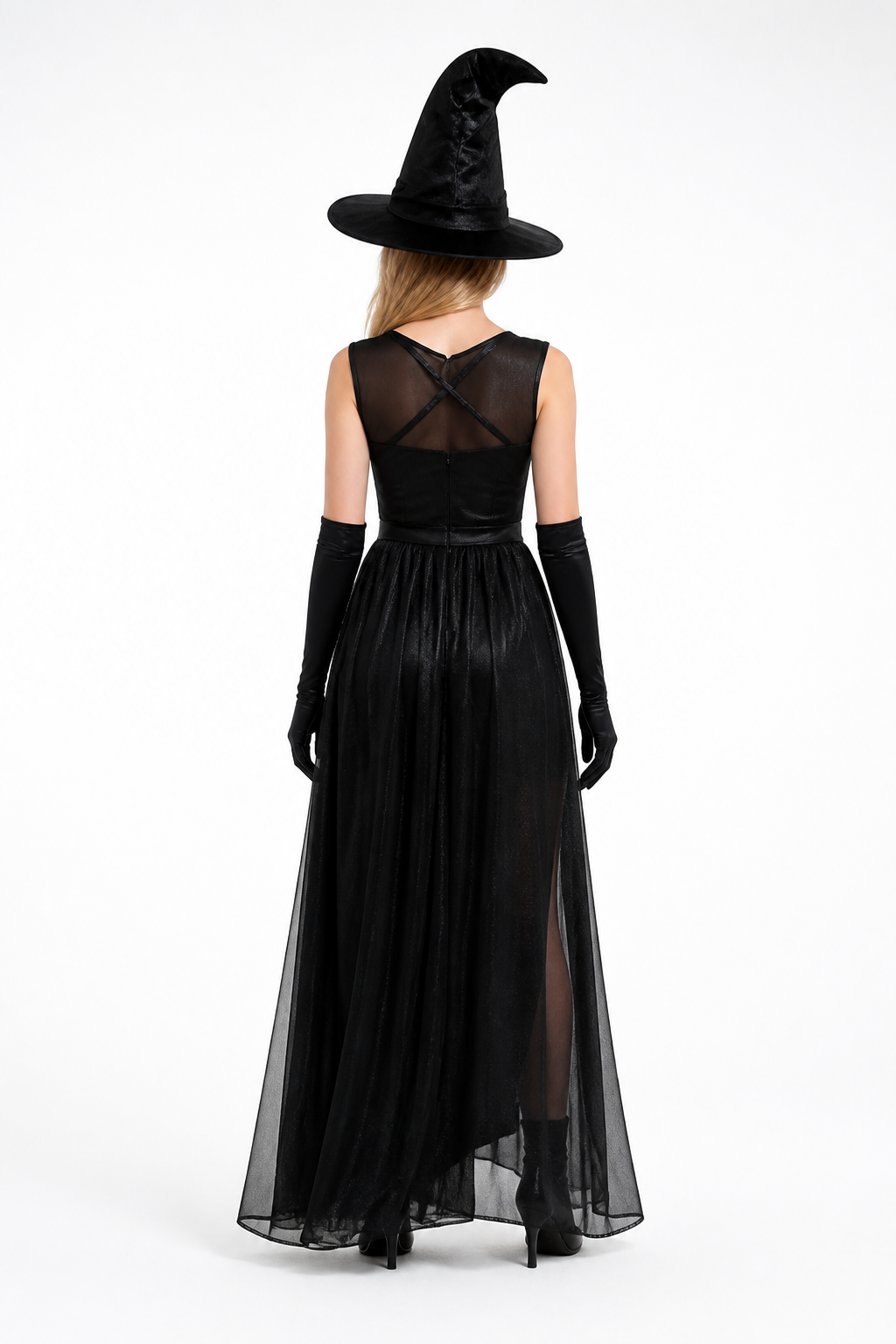 Black Witch Costume with Dress, Hat, and Gloves back view
