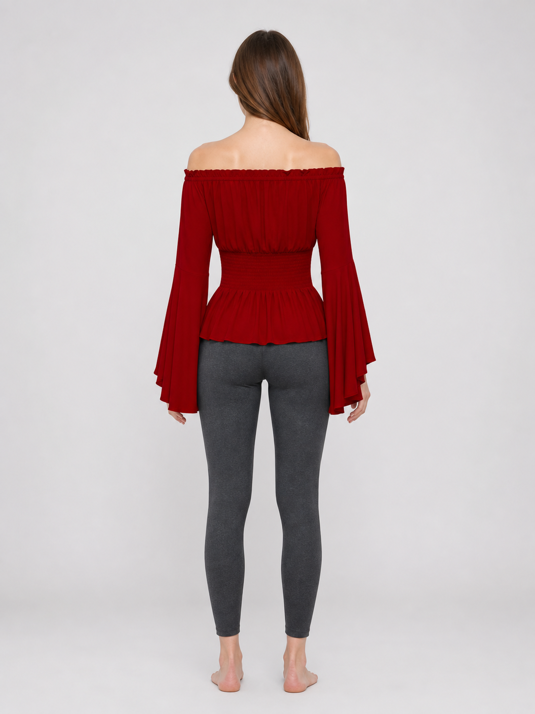 Long-Sleeve Peplum Blouse, Deep Red