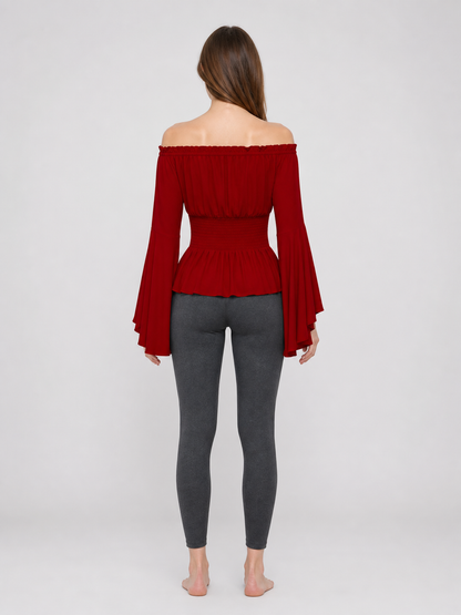 Long-Sleeve Peplum Blouse, Deep Red