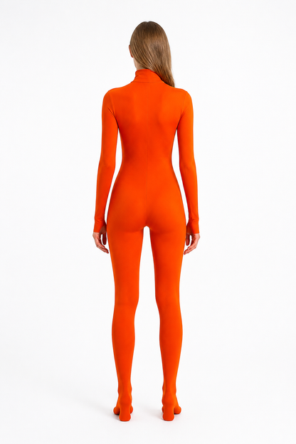 Orange Zentai Jumpsuit with Covered Hands and Feet back view
