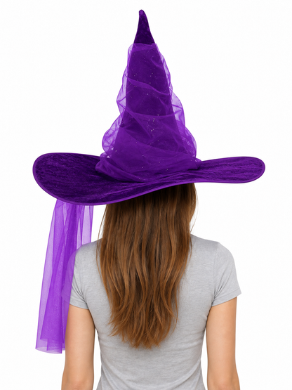 Purple Halloween Witch Hat for Women and Men, Tall Pointed Wide Floppy Brim with Layered Sheer Mesh Draping and Glitter-Like Specks for Cosplay Costume Party
