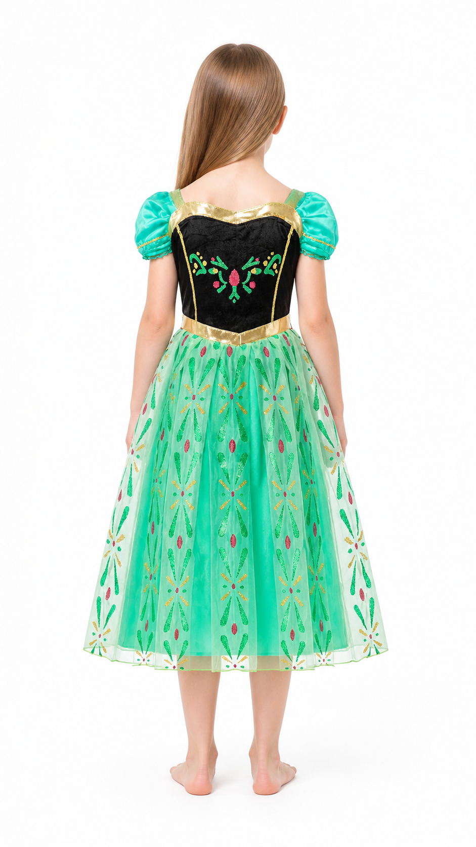 Children’s Dress with a Full Skirt and Gold Belt back view