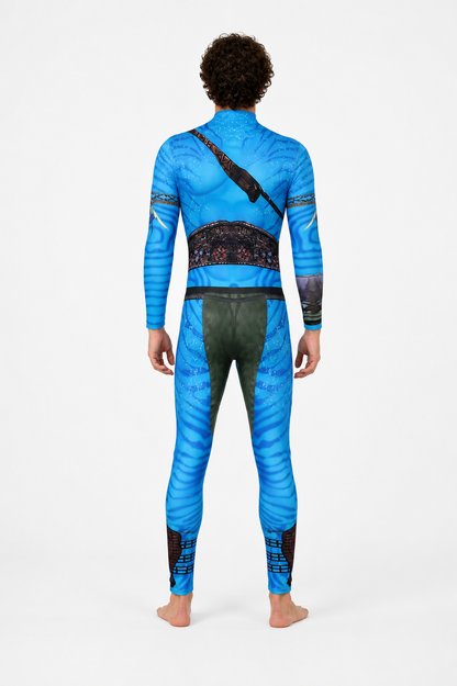 Avatar 3 Cosplay Jumpsuit, Blue, High Collar back view