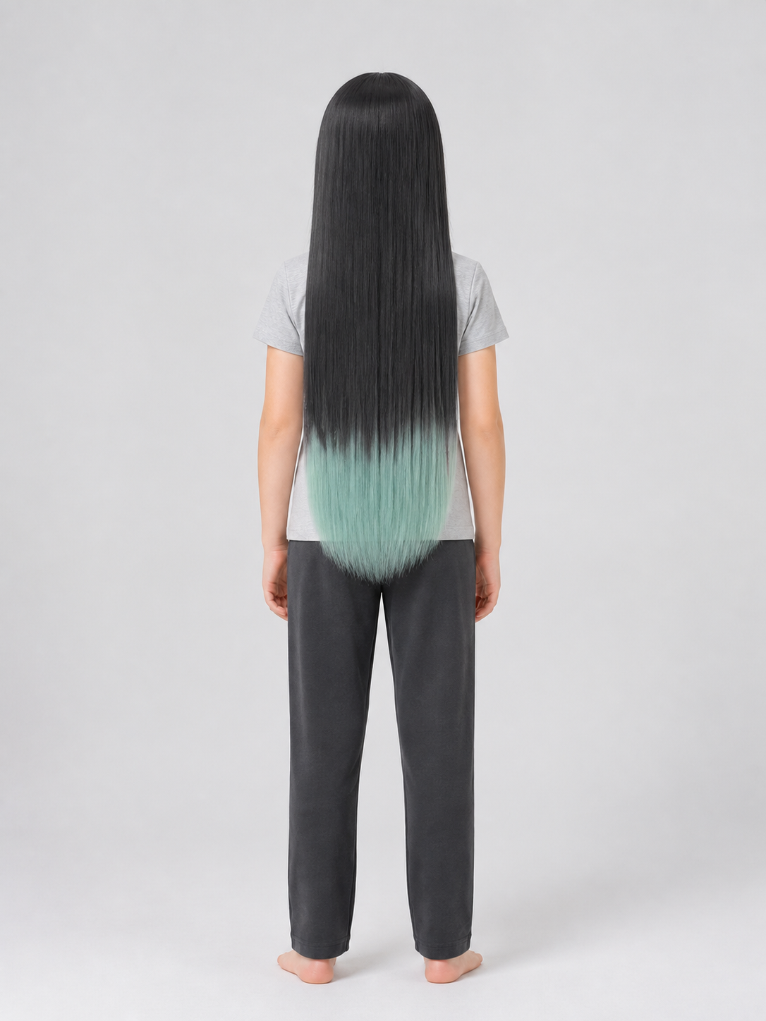 Long Black and Turquoise Cosplay Wig with Bangs back view