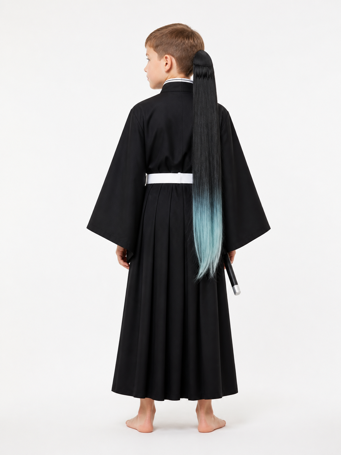 Black Halloween and cosplay costume with wig back view