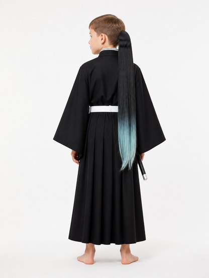 Black Halloween and cosplay costume with wig back view