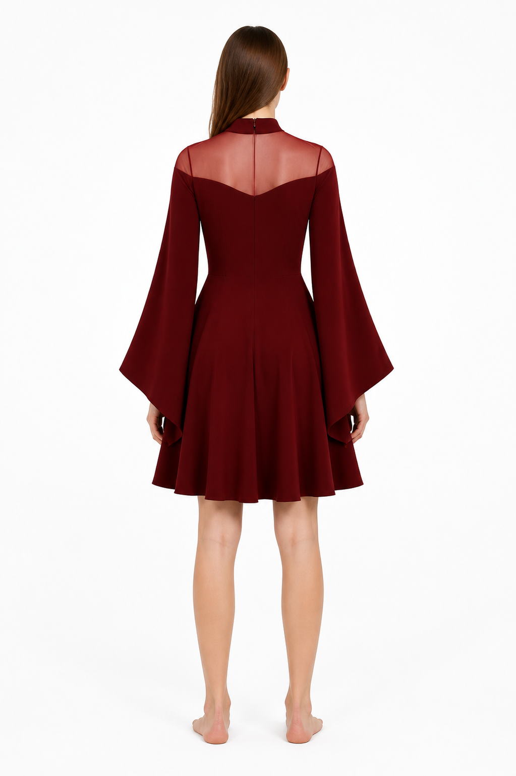 High-Neck Dress with Flared Sleeves back view