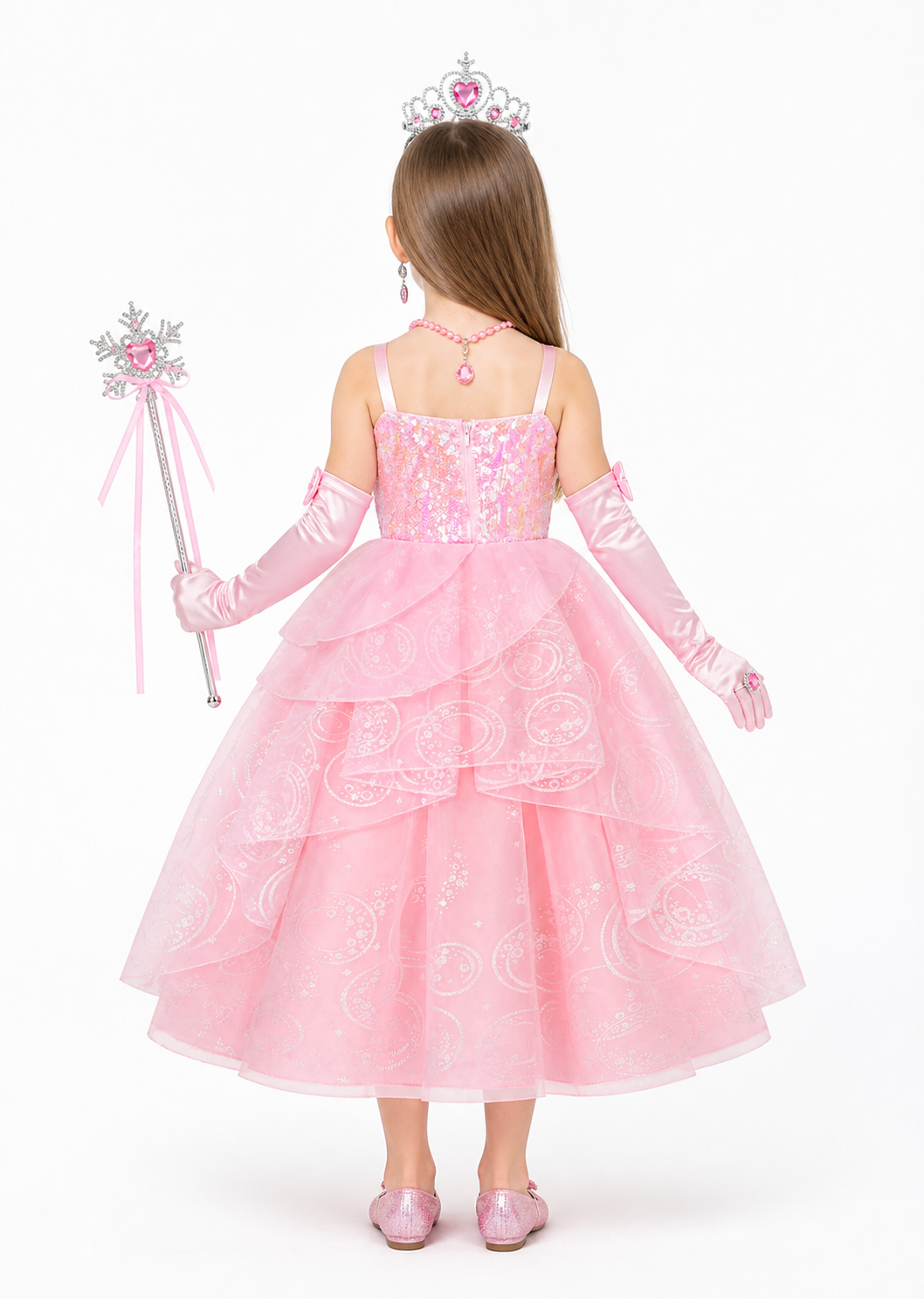 Pink Witch Costume with Sparkles and Accessories back view