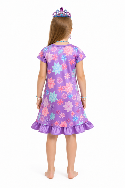 Purple Dress with Floral Print and Crown