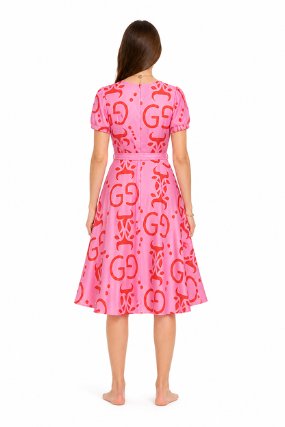 Pink cosplay dress with red print and accessories back view