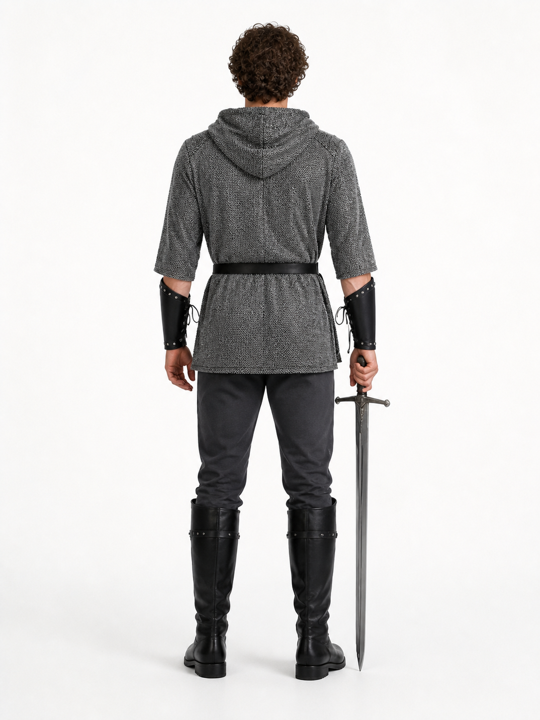 Medieval Role-Playing Costume with Hood and Sword back view