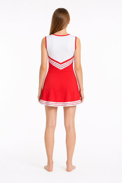 Red and White CHEERS Performance Dress back view