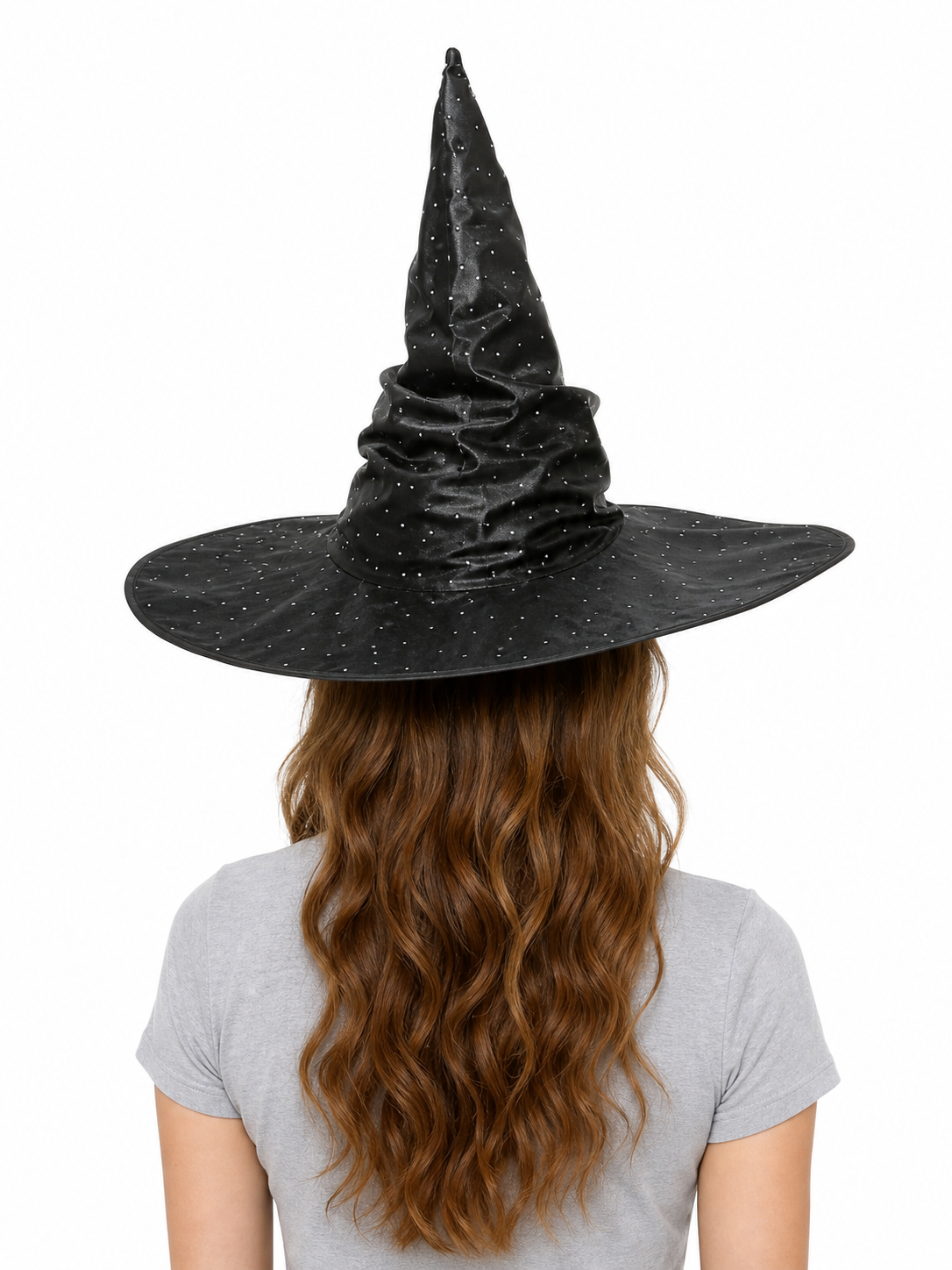 Black Halloween Witch Hat Pointed Wide Brim Ruched Crown With Silver-White Dot Embellishments Costume Accessory