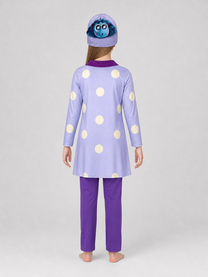 A bright costume set in the style of the character from Inside Out 2 is designed for a themed look and an eye-catching transformation. The set includes a long-sleeve tunic dress, matching leggings, and a headpiece with the character’s face 