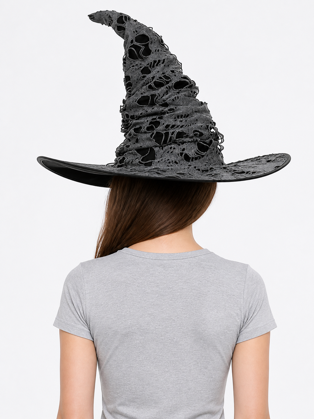 Gray Black Halloween Witch Hat For Women Wide Brim Curved Pointed Tattered Torn back view 4