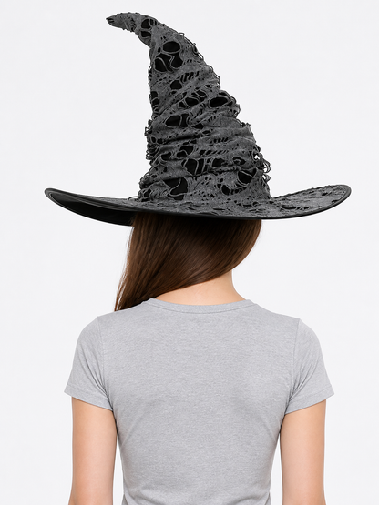 Gray Black Halloween Witch Hat For Women Wide Brim Curved Pointed Tattered Torn back view 4