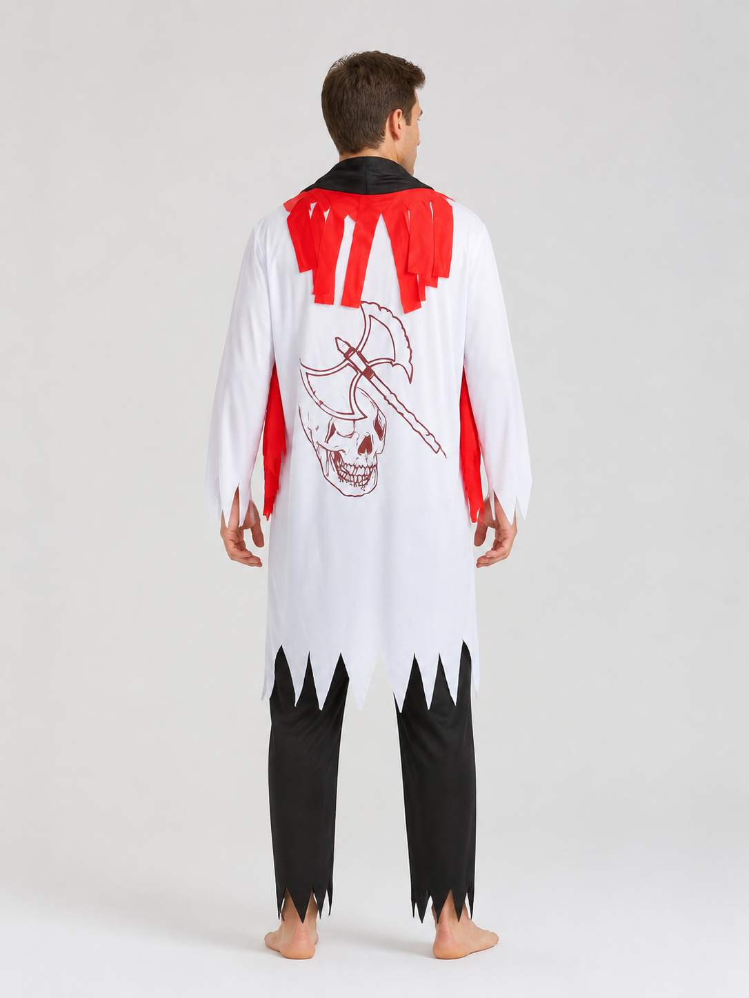 Zombie robe with a jagged hem and axe design for Halloween back view
