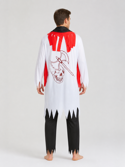 Zombie robe with a jagged hem and axe design for Halloween back view
