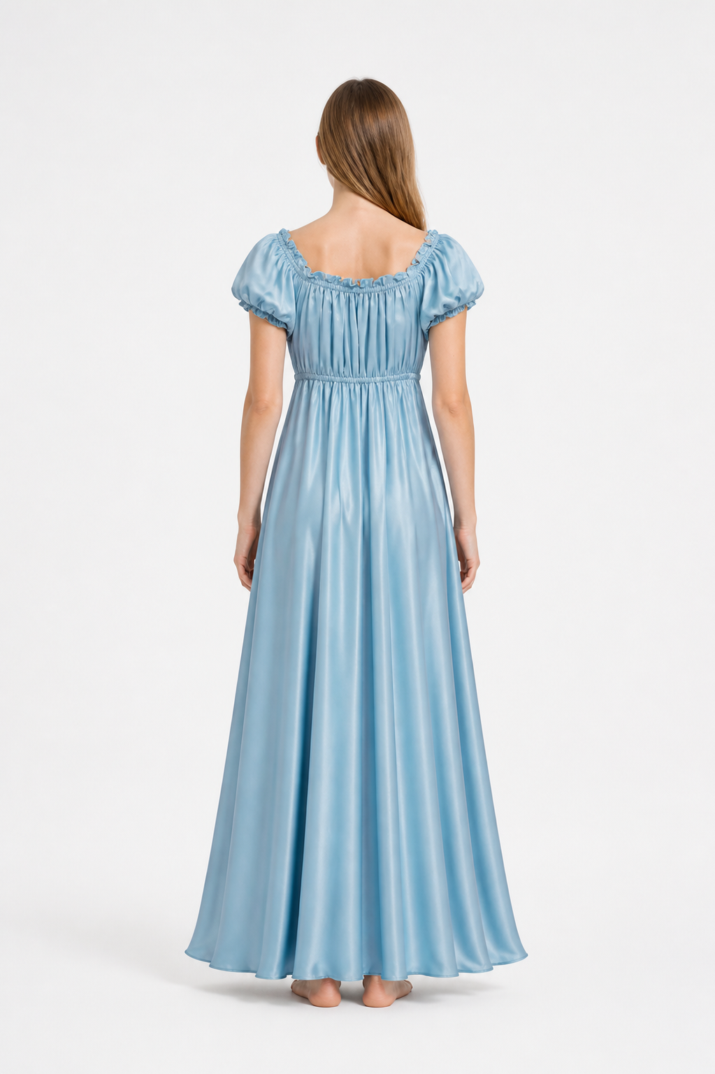 Light Blue Floor-Length Ball Dress with Puff Sleeves back view