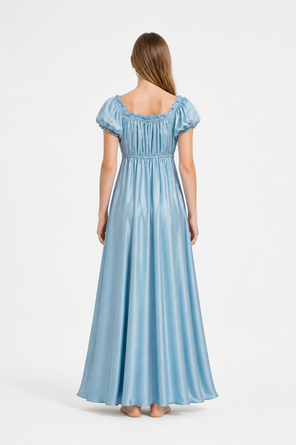 Light Blue Floor-Length Ball Dress with Puff Sleeves back view
