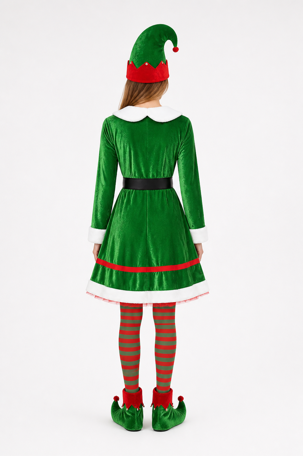 Elf Costume with Dress, Hat, and Tights back view