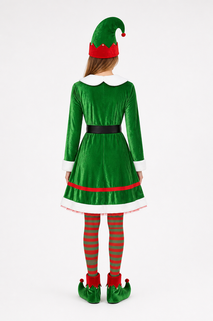 Elf Costume with Dress, Hat, and Tights back view
