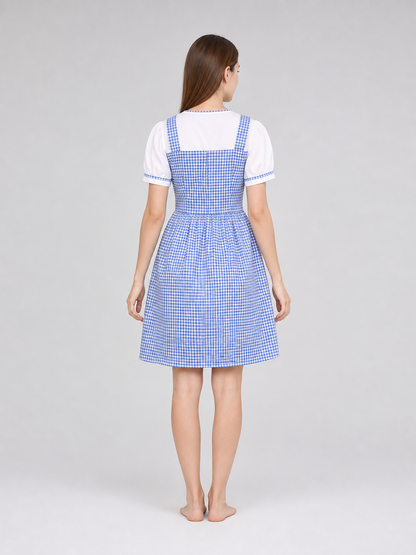 Blue-and-White Check Dress with Puff Sleeves