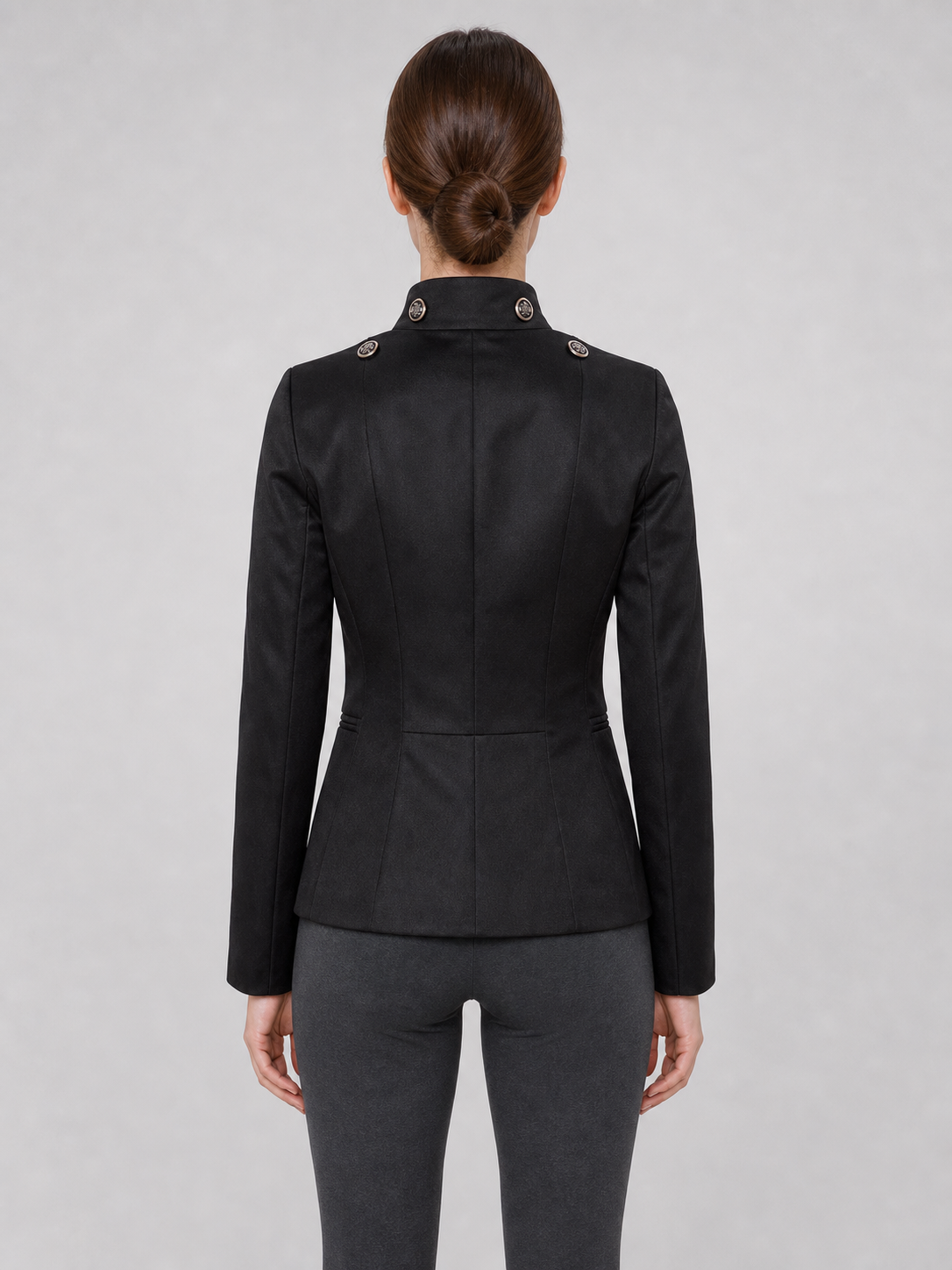 Black jacket with an asymmetrical double-breasted placket