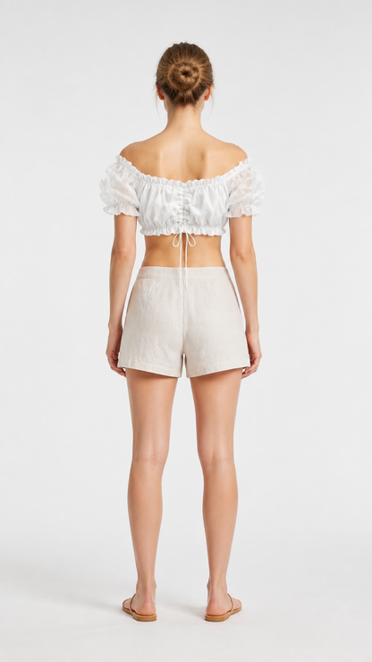 White Top with Puff Sleeves and Drawstring back view