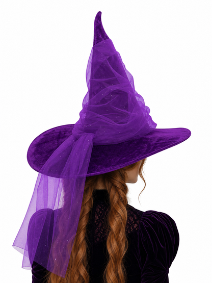 Purple Halloween Witch Hat for Women and Men, Tall Pointed Wide Floppy Brim with Layered Sheer Mesh Draping and Glitter-Like Specks for Cosplay Costume Party