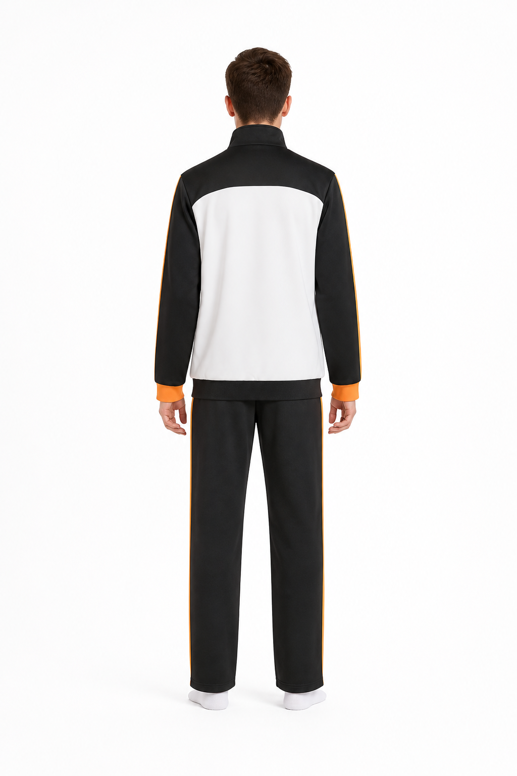 Black, White, and Orange Anime Zip-Up Tracksuit back view
