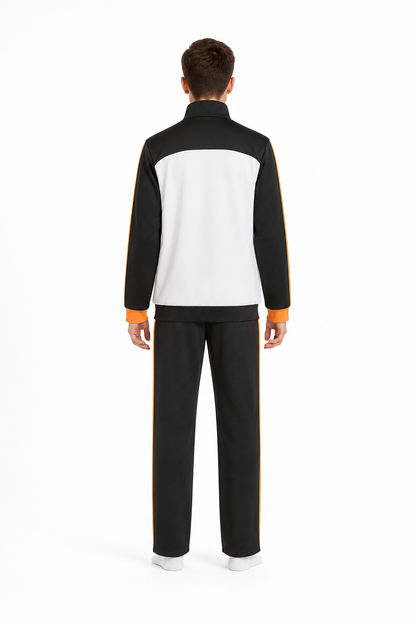 Black, White, and Orange Anime Zip-Up Tracksuit back view