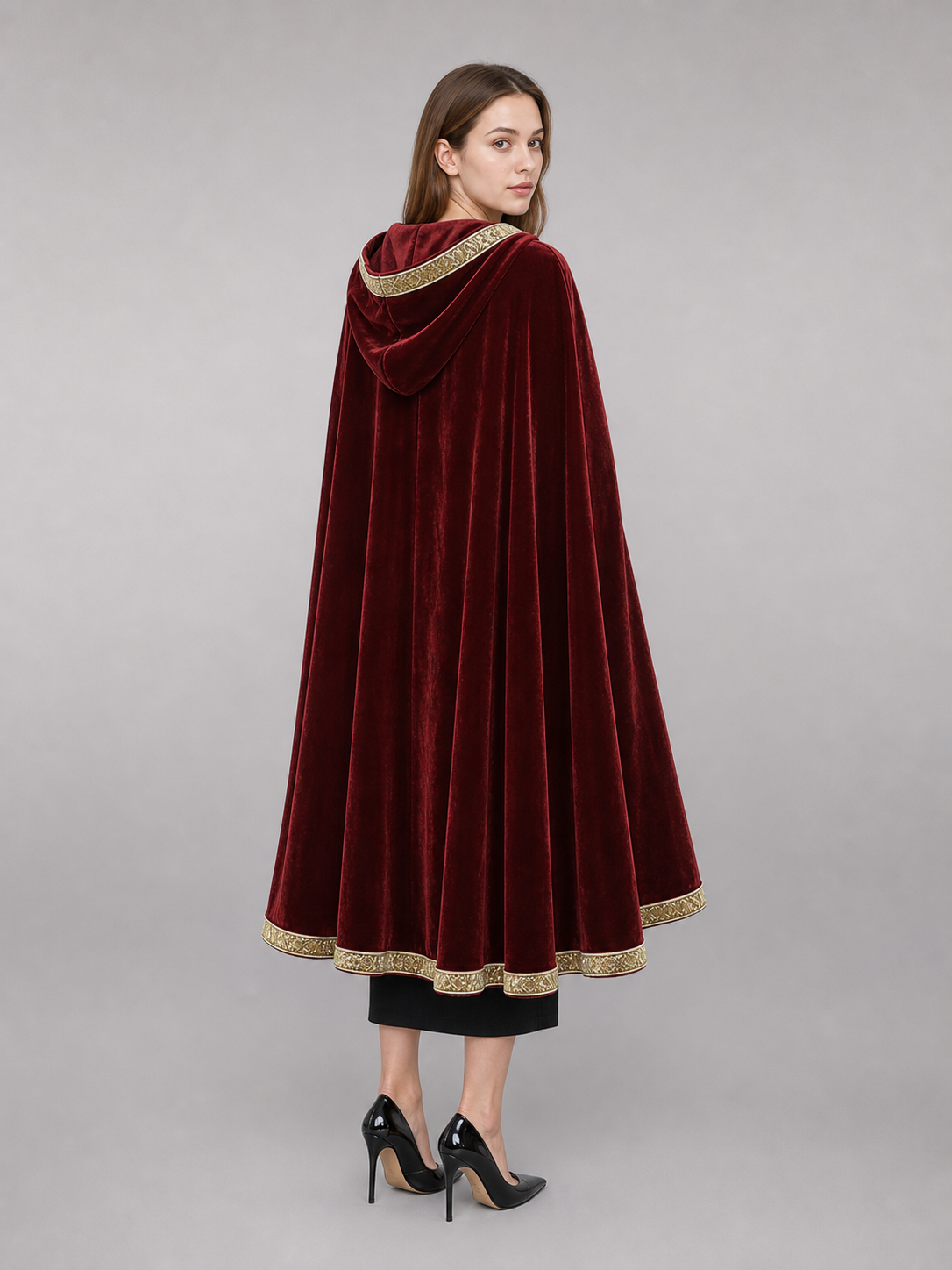 Burgundy carnival cape with hood and gold trim