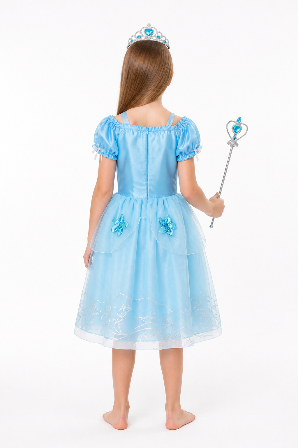 Blue Carnival Costume with Crown and Magic Wand back view