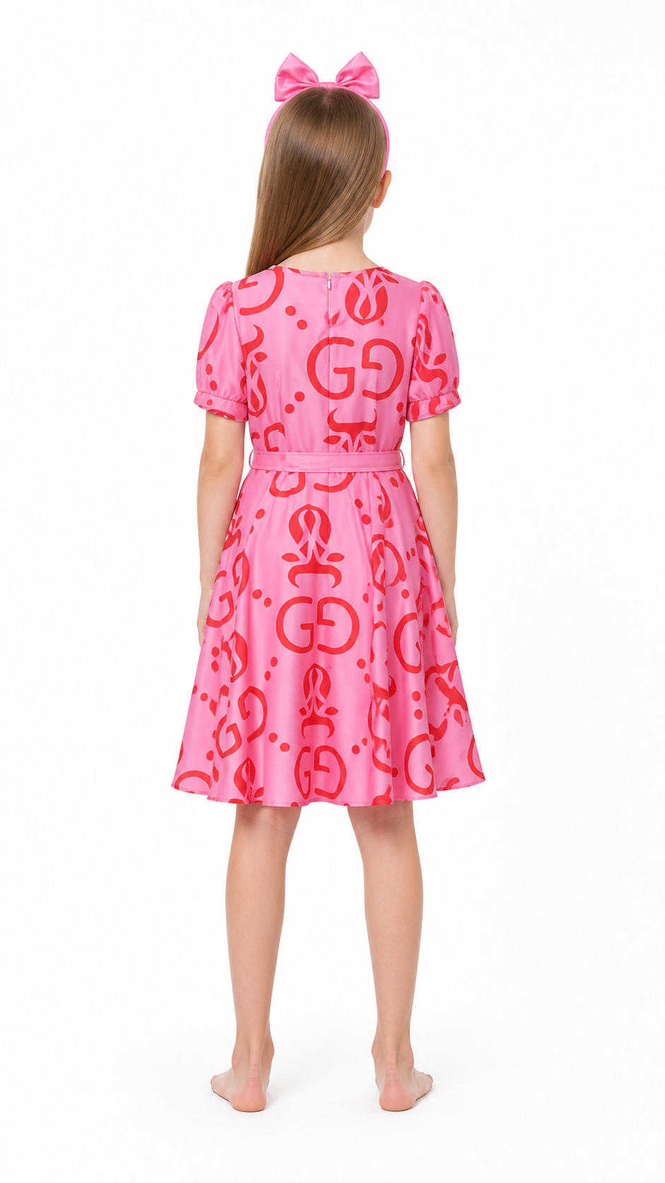 Children's Pink Dress with Red Print and Headband back view