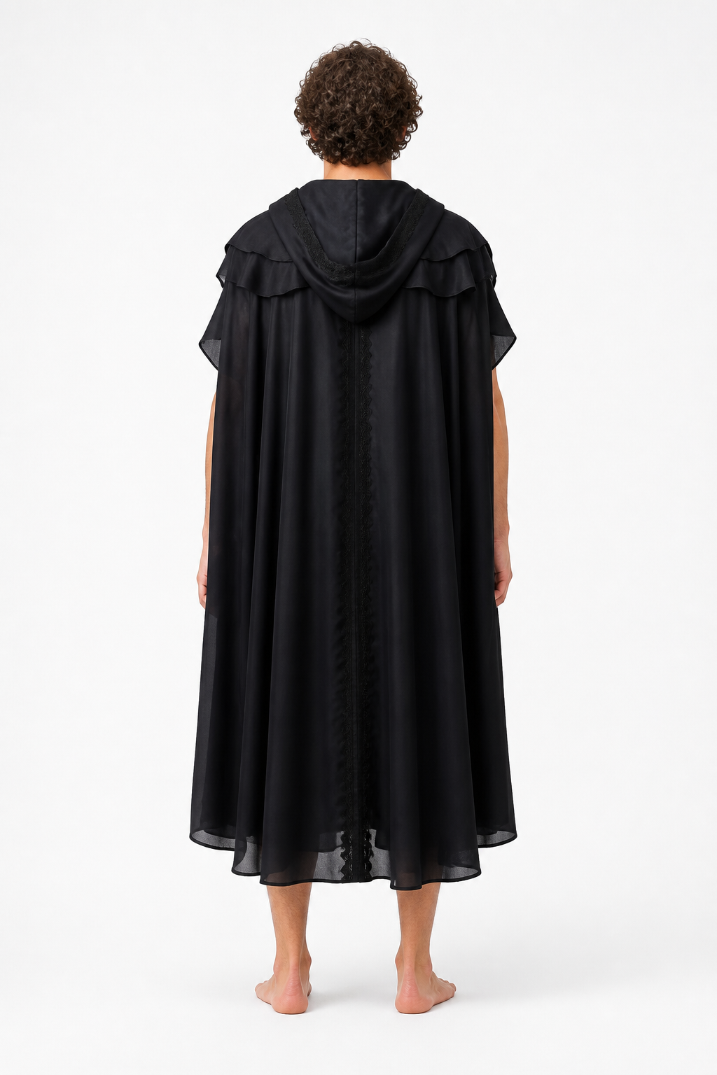 Black Medieval Hooded Cape with Ruffles back view
