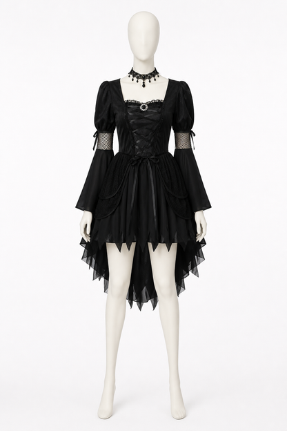 Black Gothic Witch Dress with an Asymmetrical Hem back view
