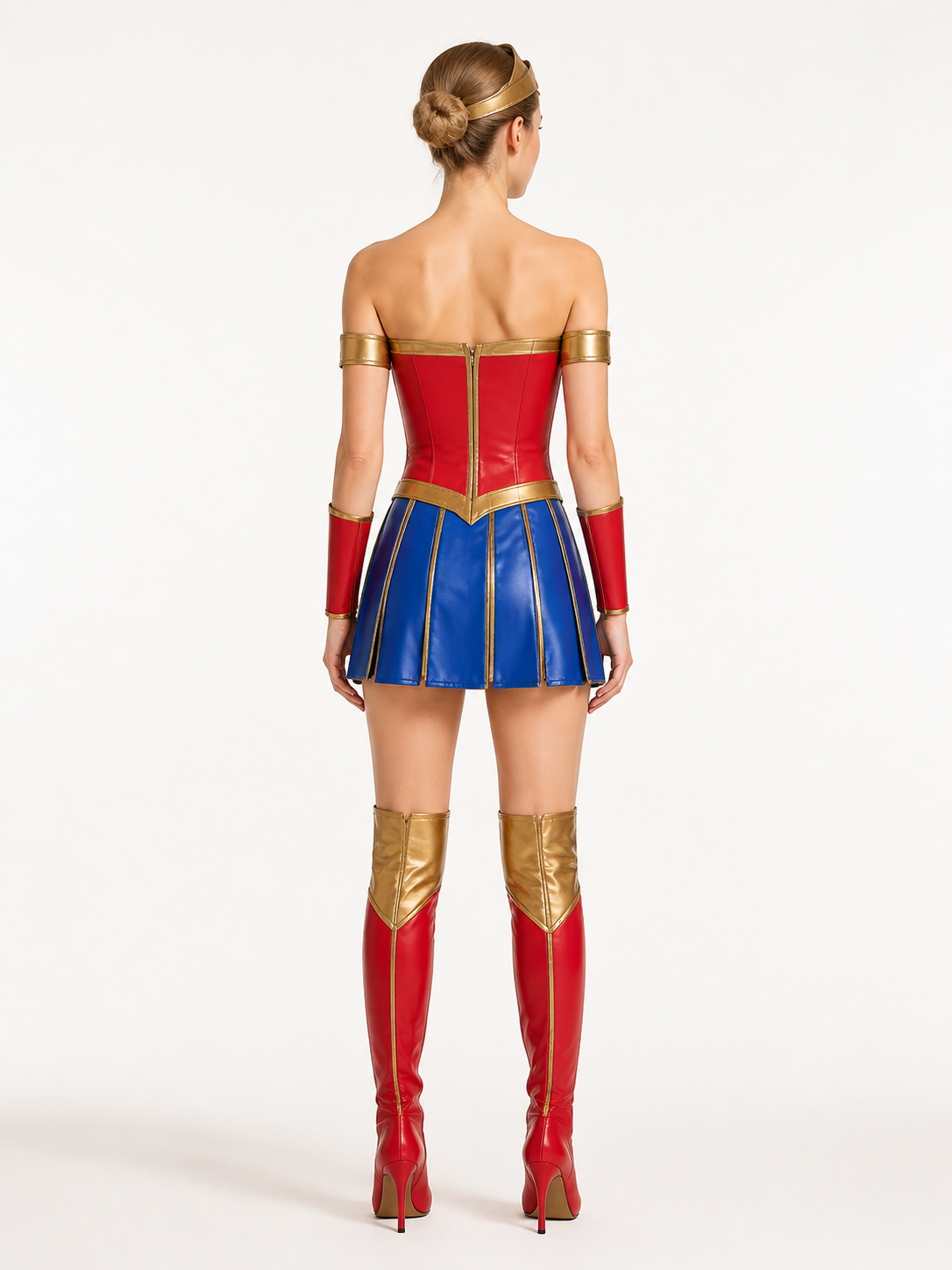 Red, Blue, and Gold Cosplay Set back view