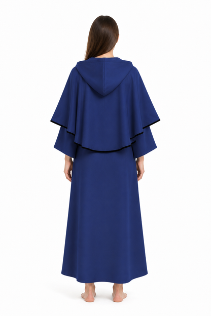 Long Blue Hooded Cloak for Halloween back view