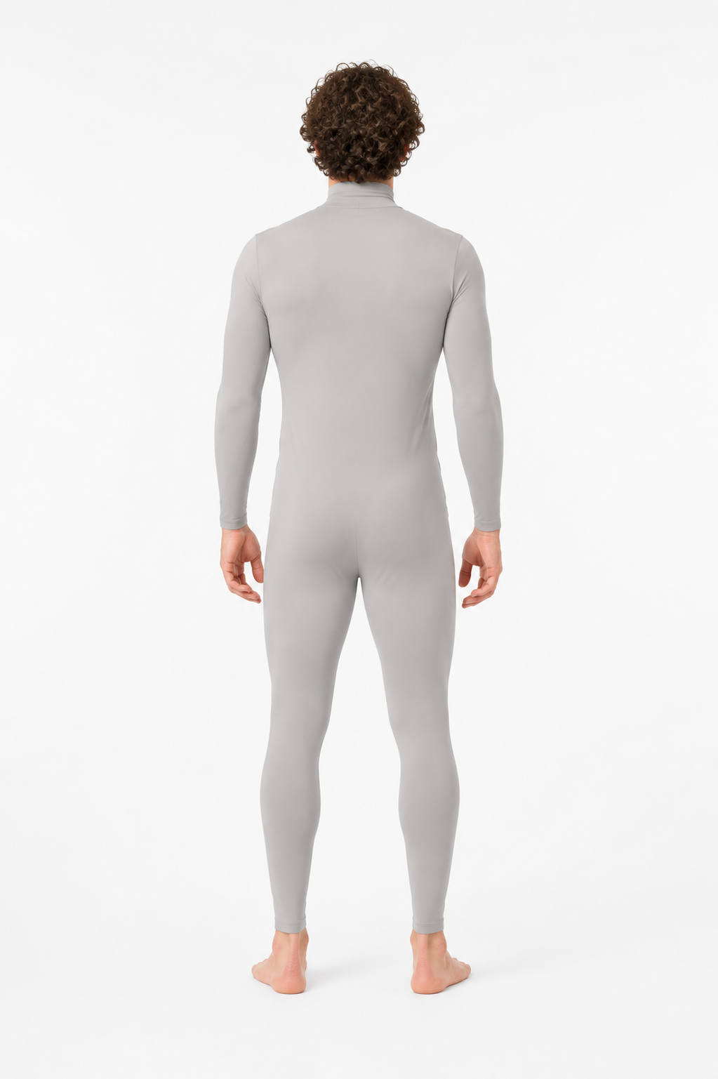 Fitted jumpsuit with a high collar, gray back view