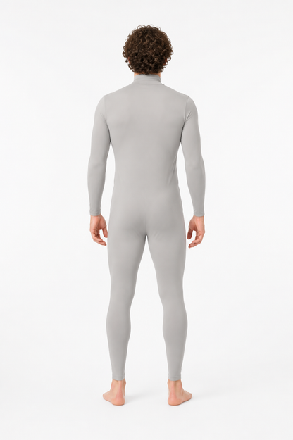 Fitted jumpsuit with a high collar, gray back view