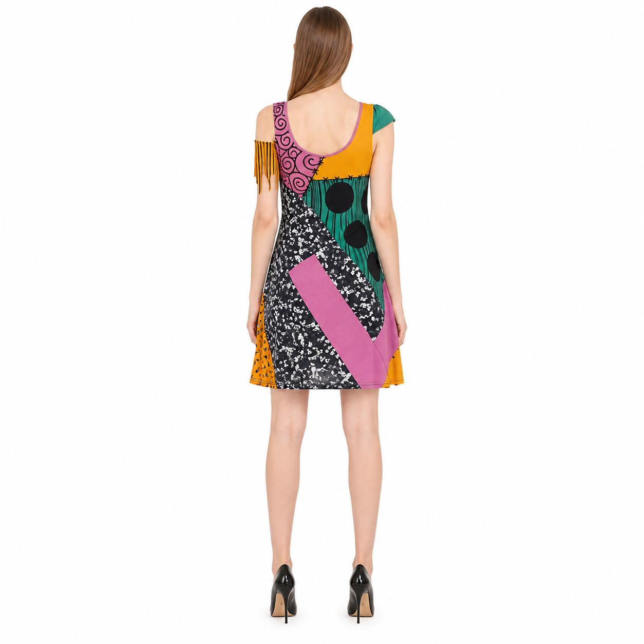 Short Asymmetrical Dress with Fringe back view