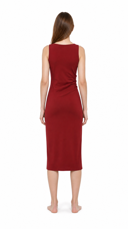 Red Fitted Sleeveless Dress with Draping back view