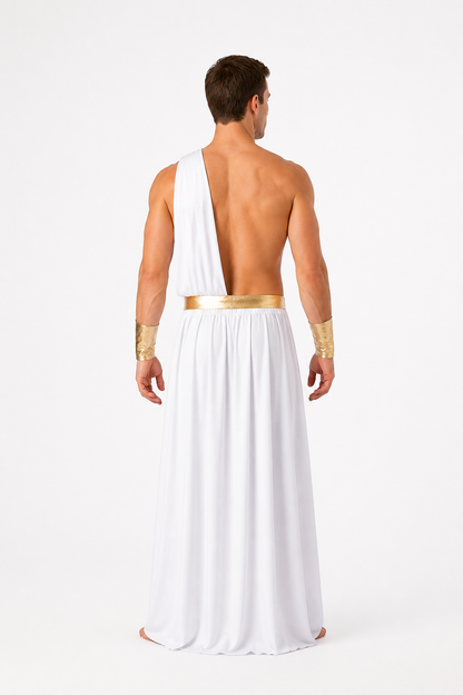 White Ancient Greek Toga with Gold Belt back view