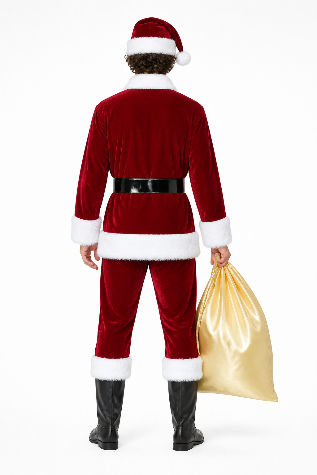 Santa Claus Costume with Bag, Beard, and Gloves back view