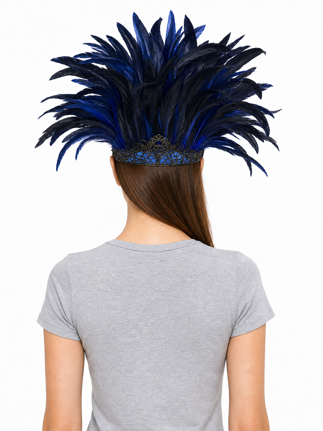 Carnival Headpiece with Blue-and-Black Feathers and Mask back view 3