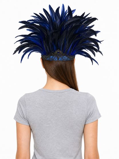 Carnival Headpiece with Blue-and-Black Feathers and Mask back view 3