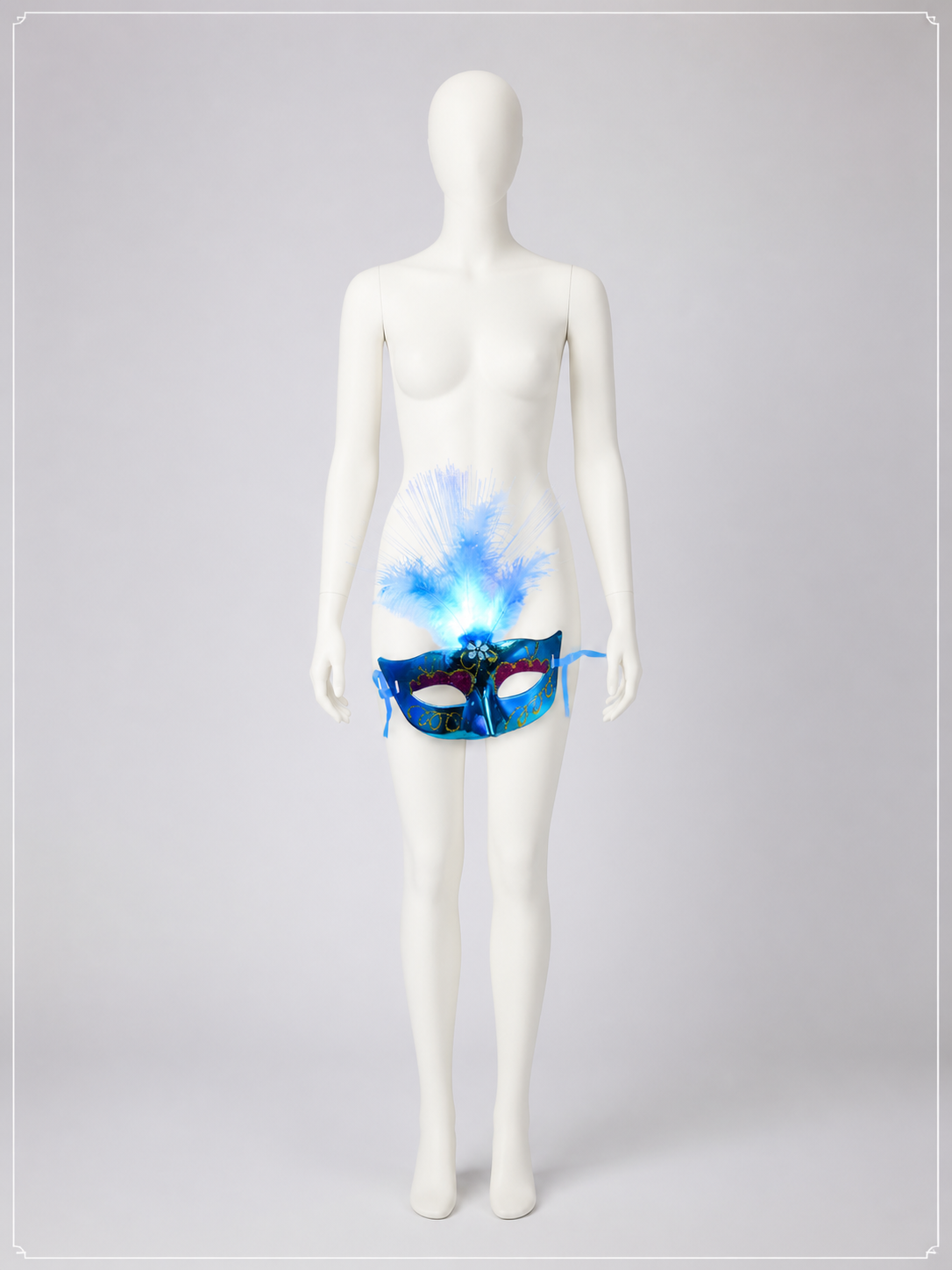 Blue Carnival Mask with Feathers and LED Lighting back view